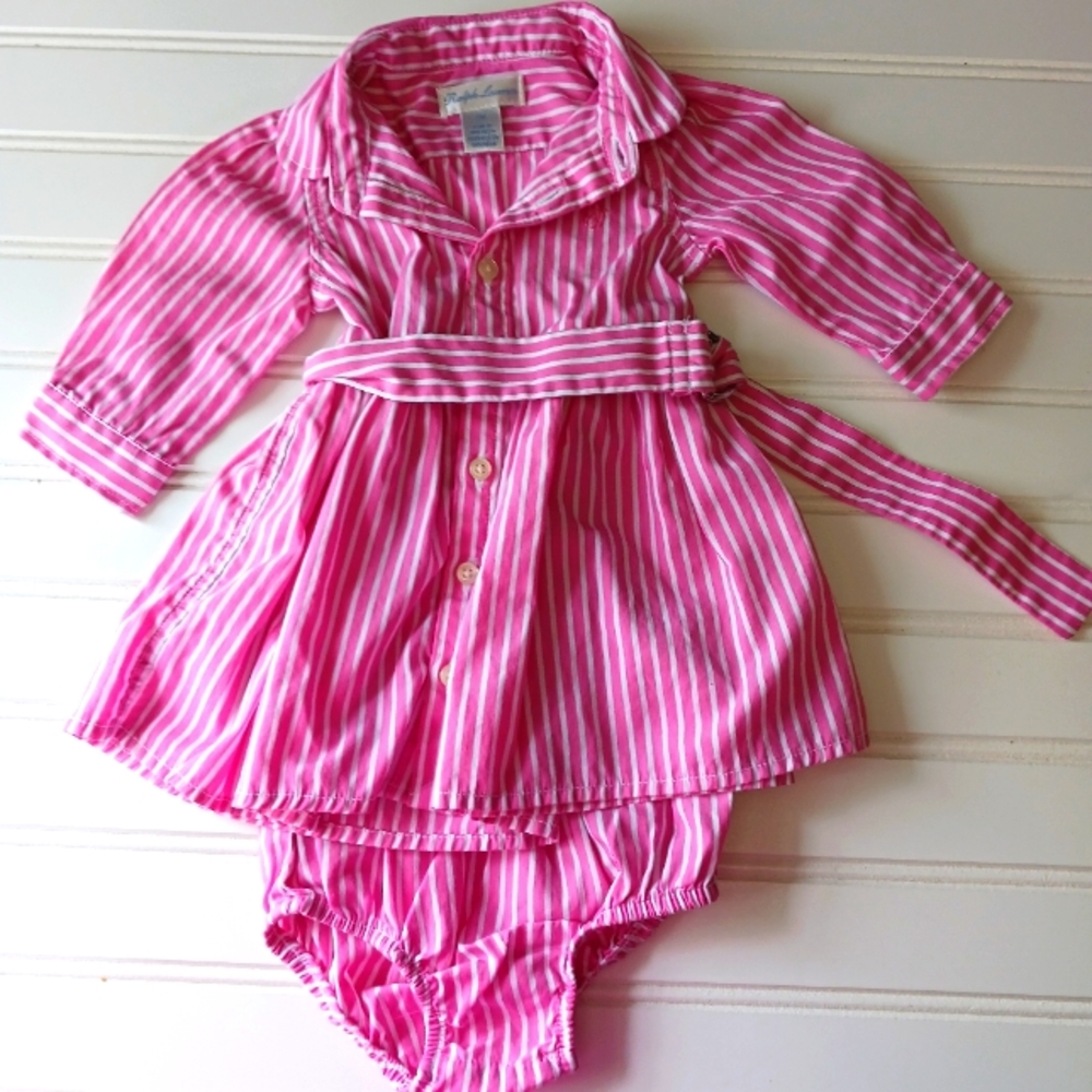 Ralph Lauren Baby Girl Striped Shirt Dress, Pink And White, 3M